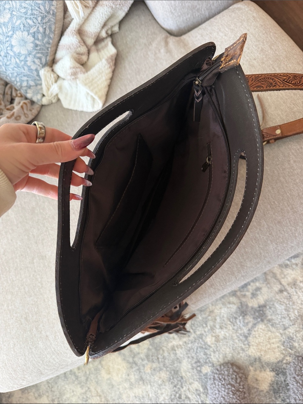Fringed Croc-Embossed Leather Tote in Brown - Picture 2 of 4
